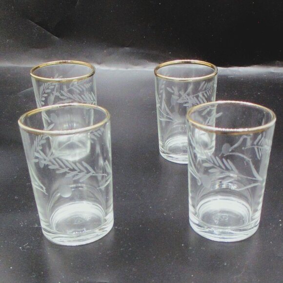 Vintage Gold-Rimmed Etched Glasses Set Of 4 Juice Glasses 3" - Picture 1 of 4